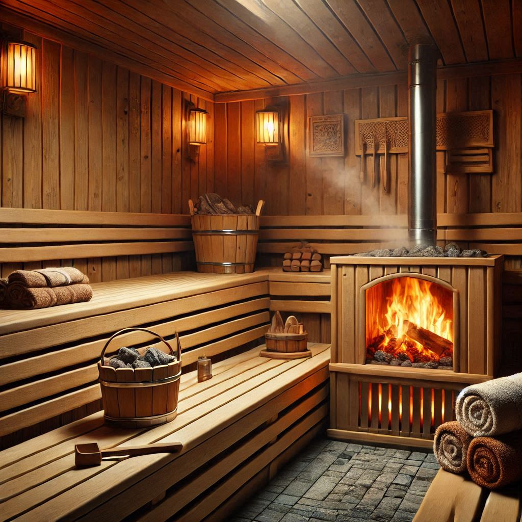 A traditional sauna with smooth wooden benches, warm wood paneling, a small stove with glowing rocks, towels, a bucket with a ladle, and steam rising in the air
