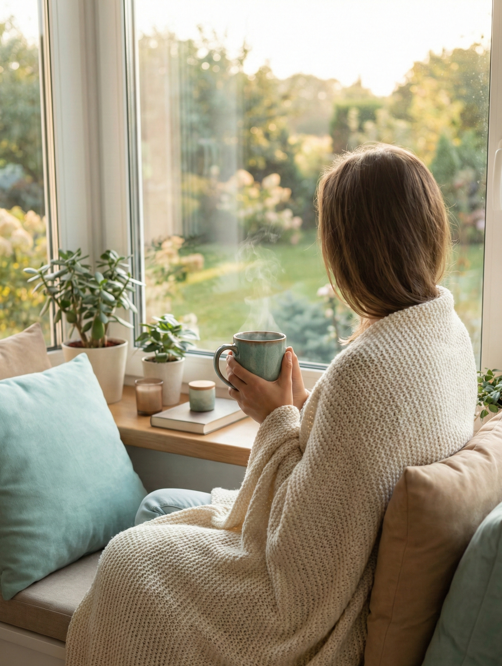 Cozy shot of a woman holding a warm mug by a window, representing the InnerSpiritGlow lifestyle of mindfulness and holistic balance