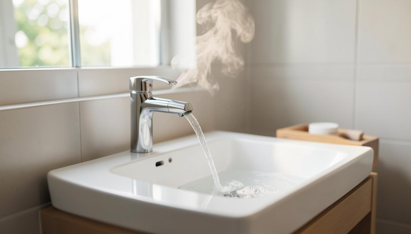 Bathroom sink with running hot water and steam