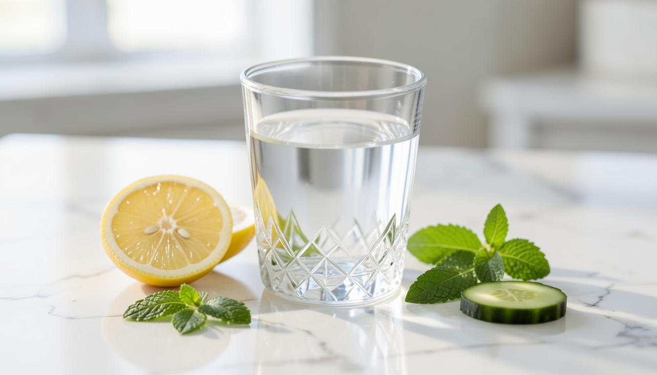 Glass of water with lemon and mint on marble surface