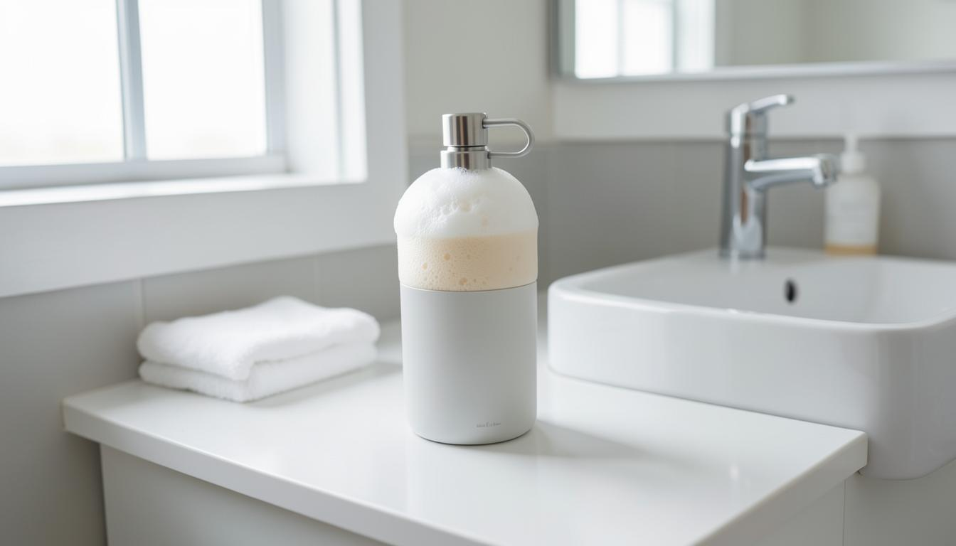Soap dispenser on bathroom counter