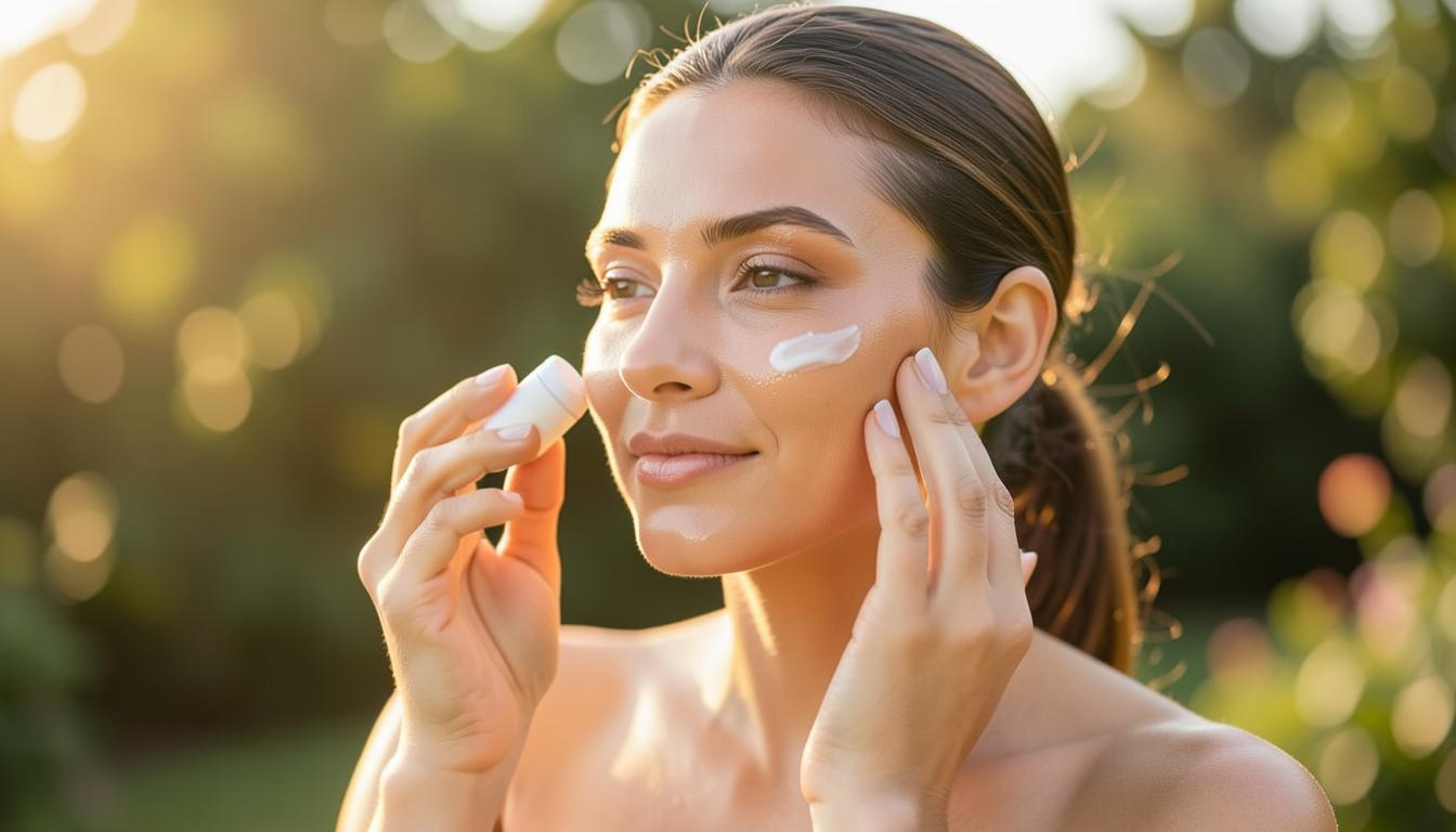 Woman applying sunscreen moisturizer