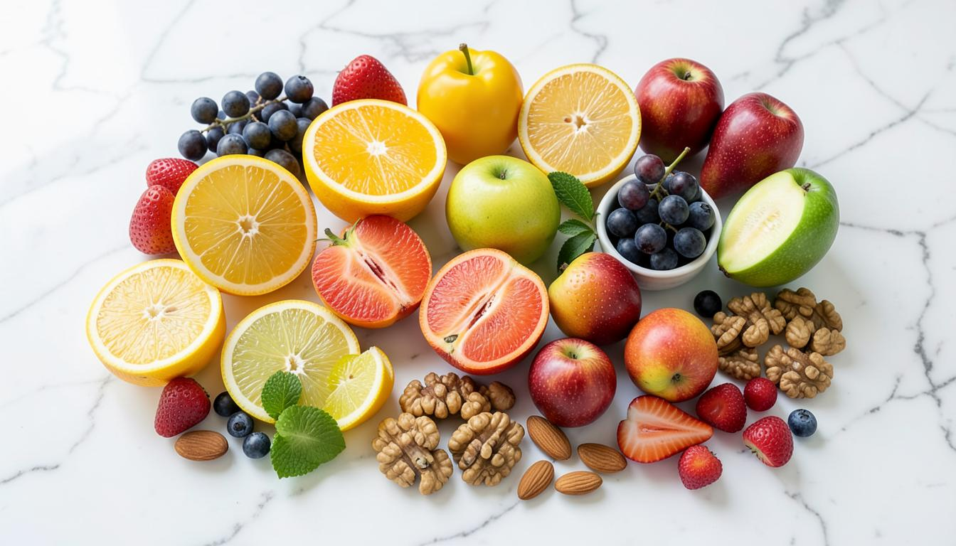 Fresh fruits and nuts arranged on marble surface