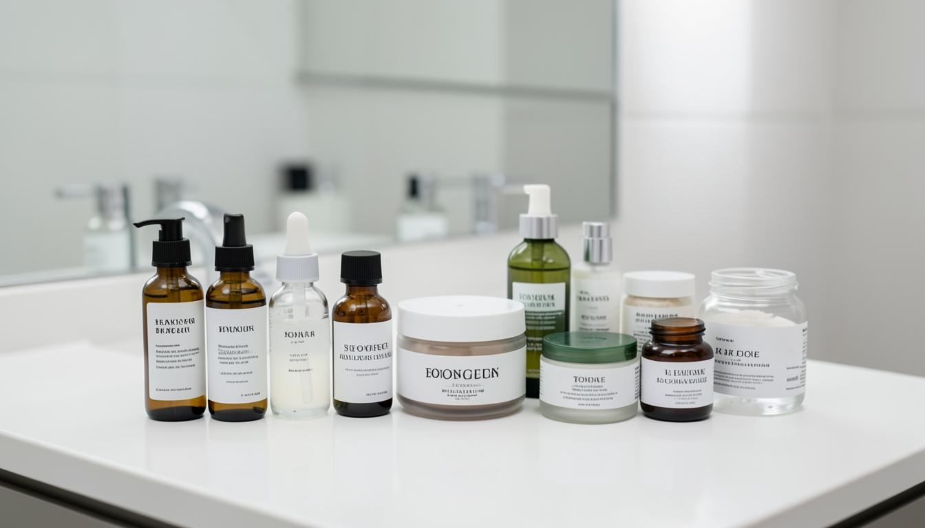 Assorted skincare products on bathroom counter