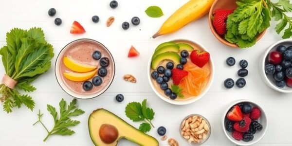 Colorful healthy food spread for glowing skin and energy
