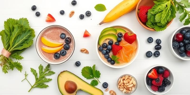 Colorful healthy food spread for glowing skin and energy