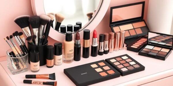 Beautiful organized makeup vanity with brushes and cosmetics