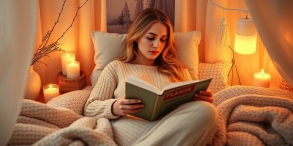 Woman relaxing with candles journal and tea for self-care wellness
