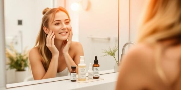 Woman following skincare routine with serums and moisturizer for glowing skin