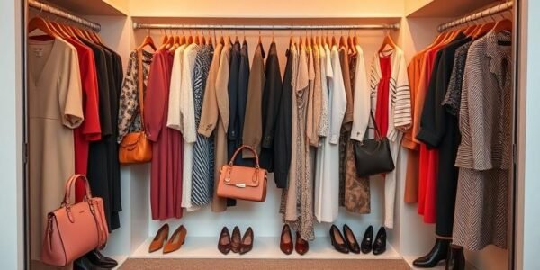 Stylish woman wardrobe with elegant clothes and accessories