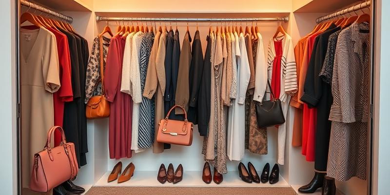 Stylish woman wardrobe with elegant clothes and accessories