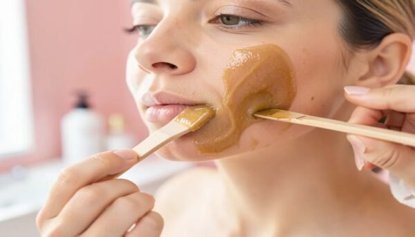 Sugar paste being applied to the face for natural facial hair removal