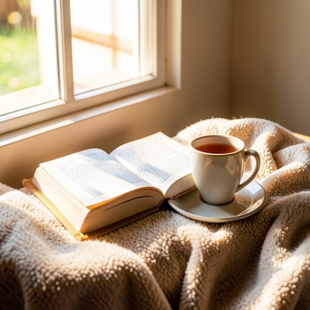 Cozy solo time with a book and tea for mindful self-care