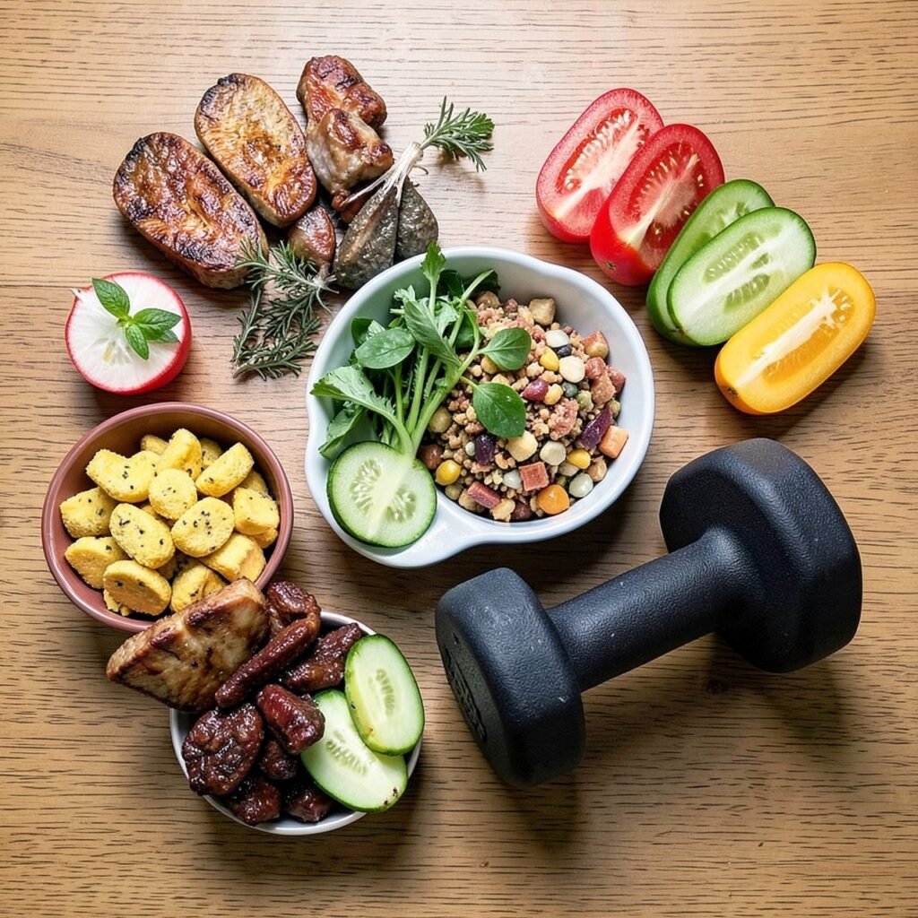 Workouts and foods for a curvier body flat lay