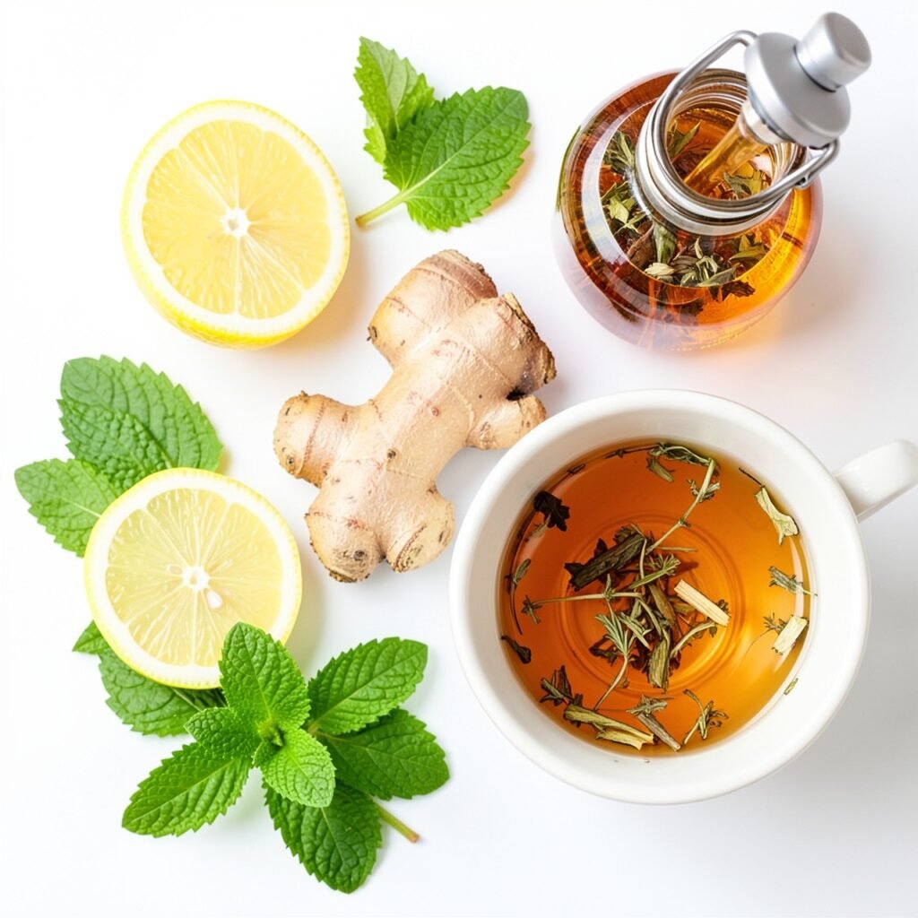 Natural remedies flat lay with lemon, mint, ginger and honey