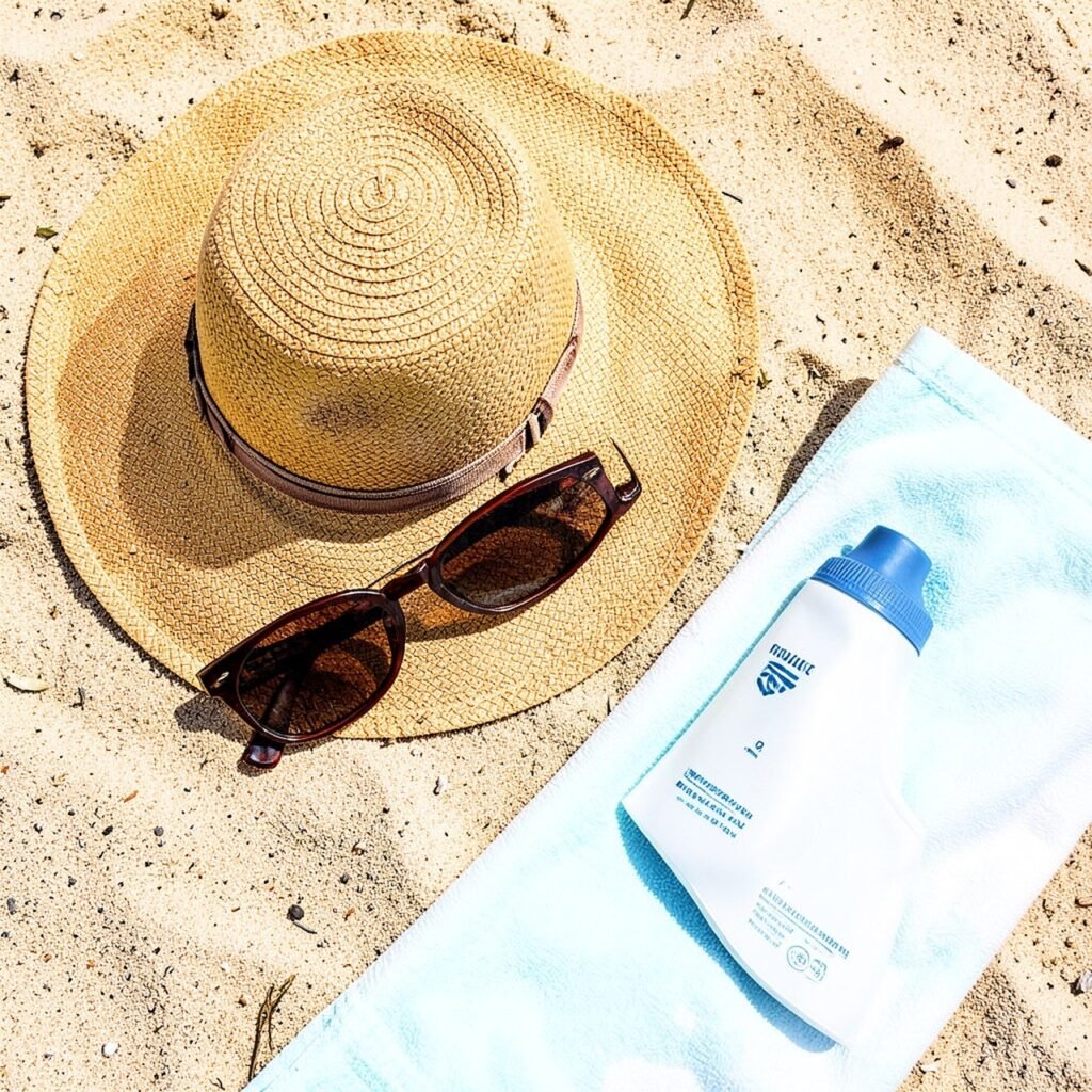 Beach essentials with hat, sunglasses and sunscreen