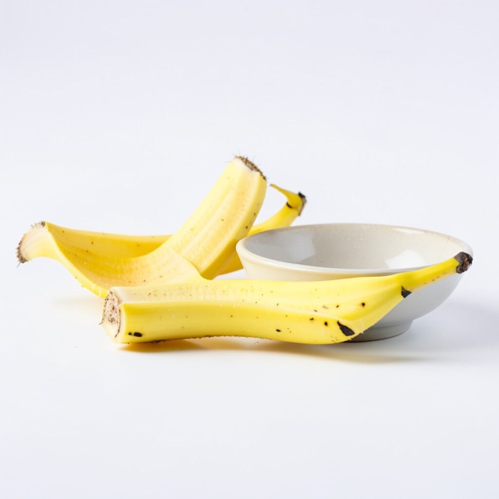 Beauty tips with banana peels flat lay