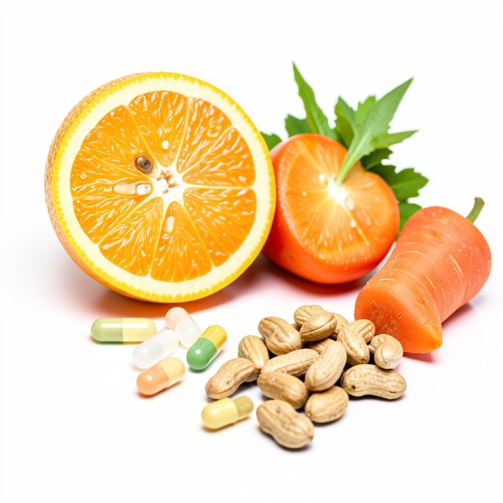 Essential vitamins for glowing skin: citrus, nuts, carrot and supplements