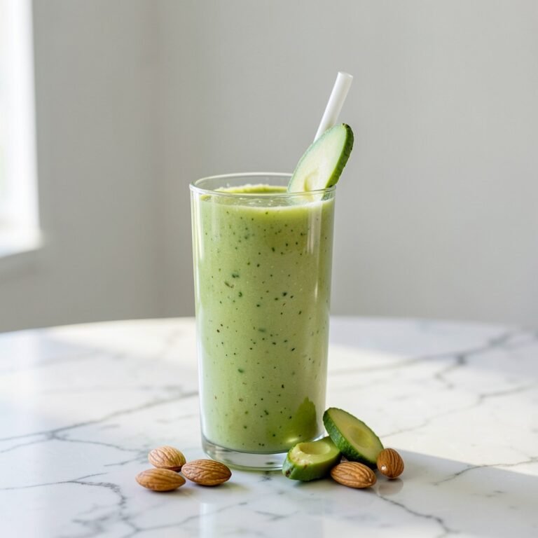 Healthy glowing-skin drinks: avocado almond smoothie in a glass