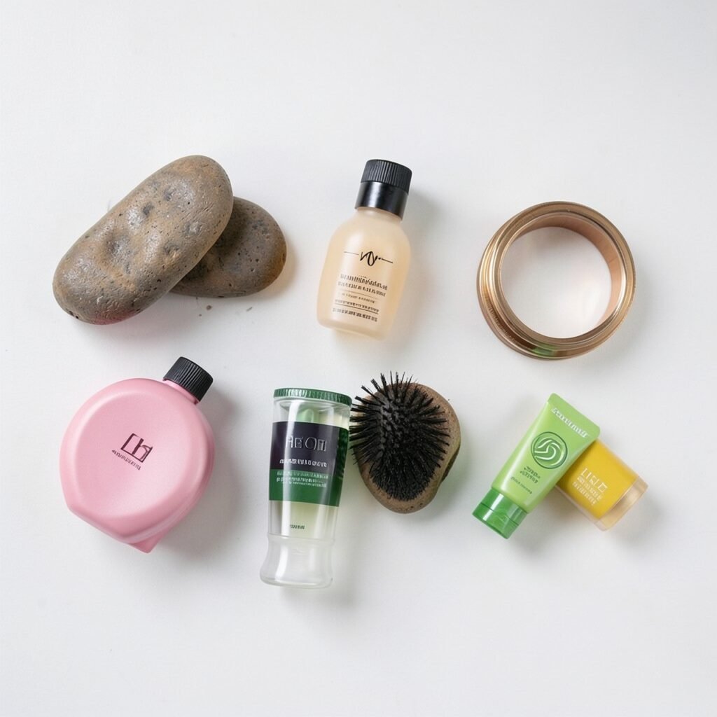 Haircare essentials aesthetic flat lay