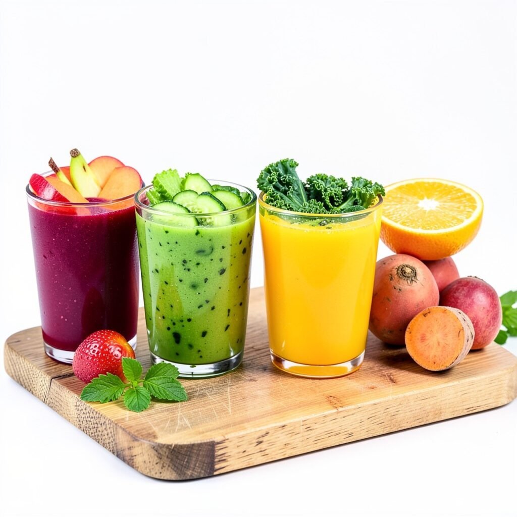 Four hormone-supporting fresh juices with beet, cucumber, kale and citrus