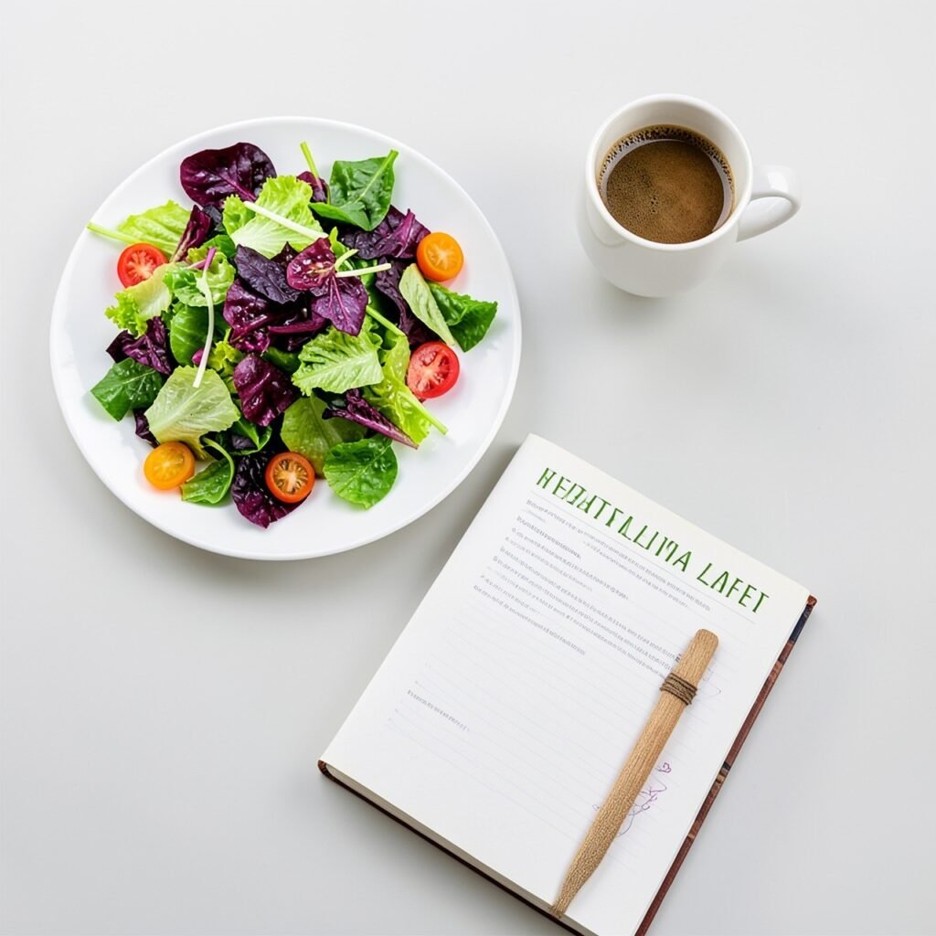 Dream girl lifestyle flat lay with healthy food, book and coffee