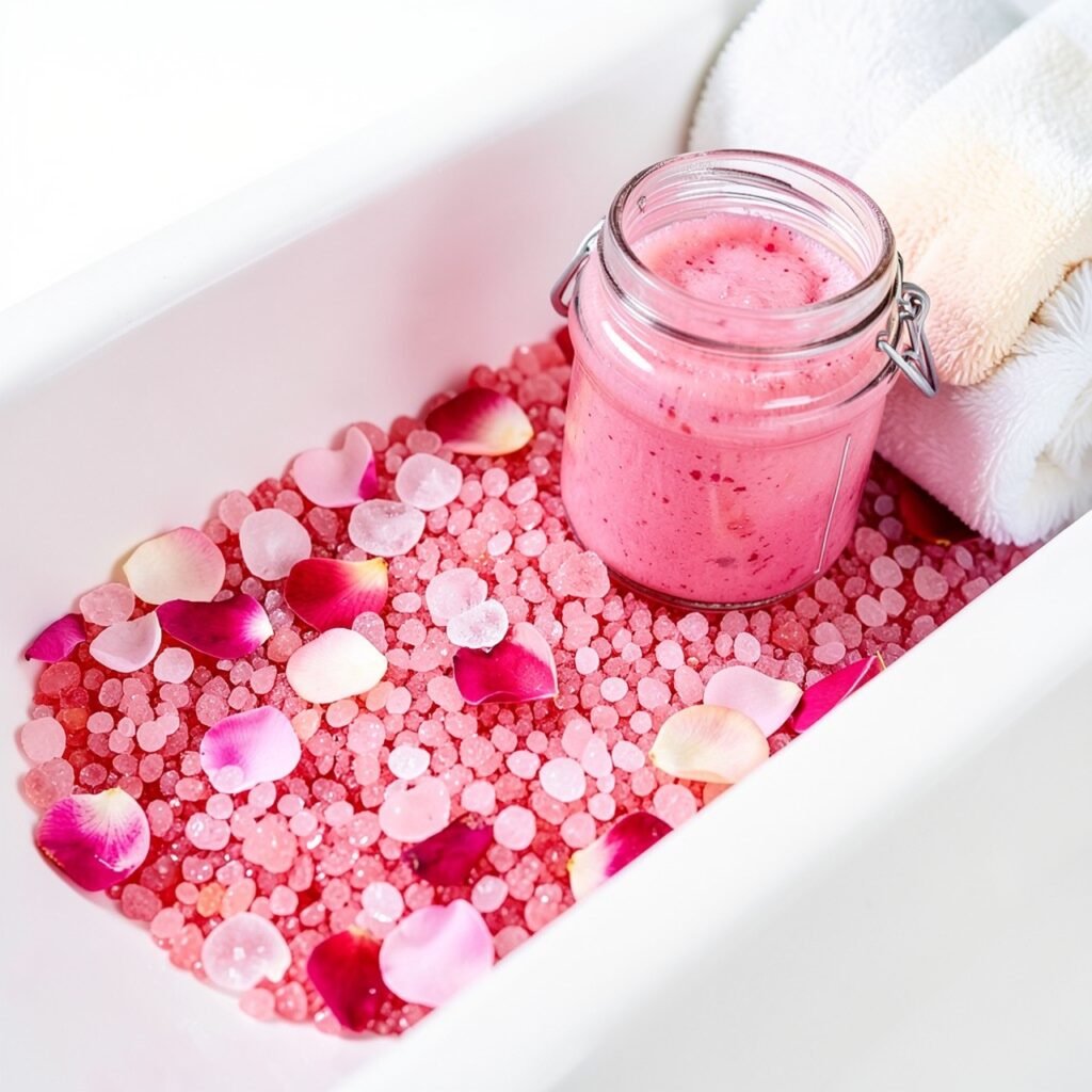 Pink bath salts with rose petals for a soft feminine bath ritual