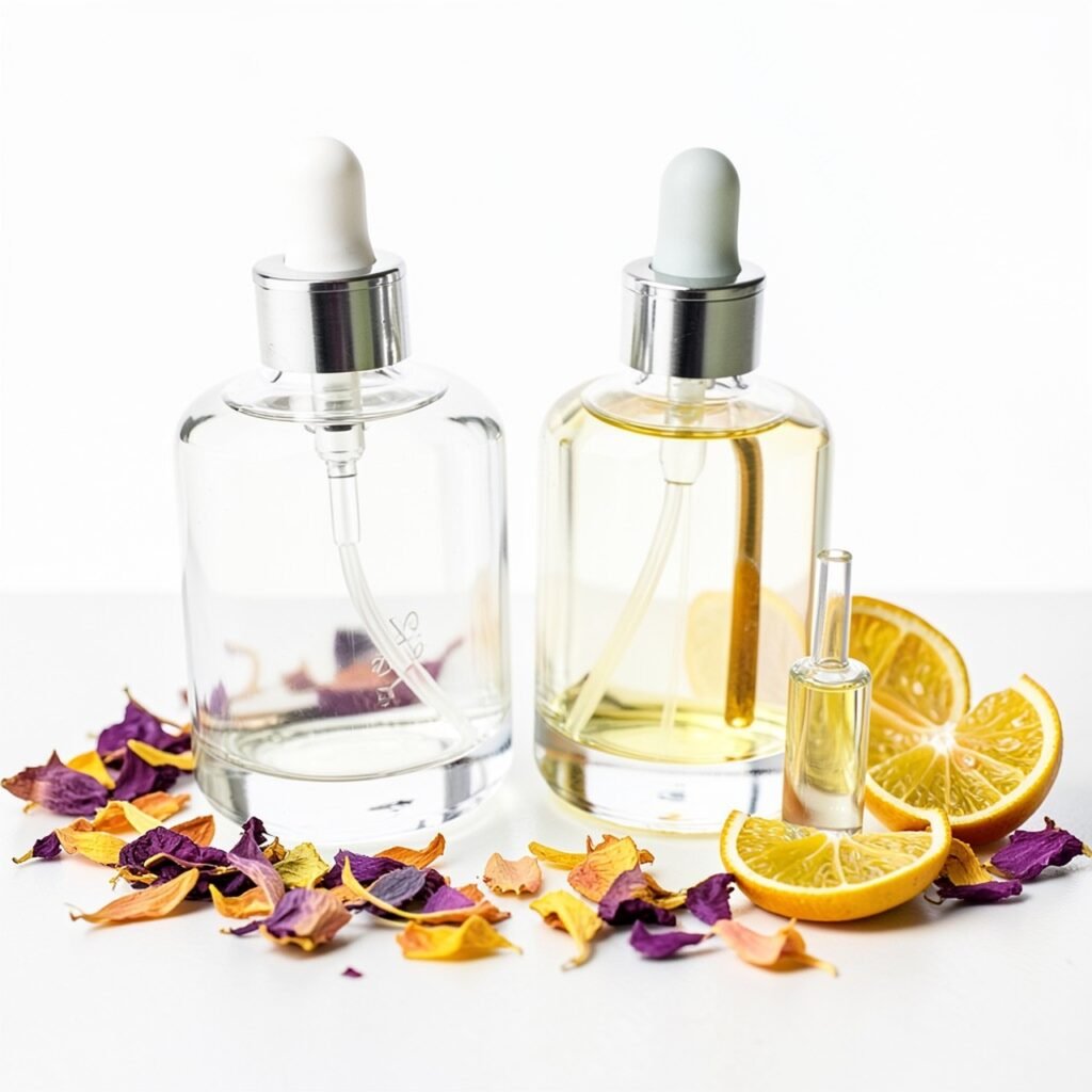 DIY perfume making supplies with essential oils, bottles and botanicals