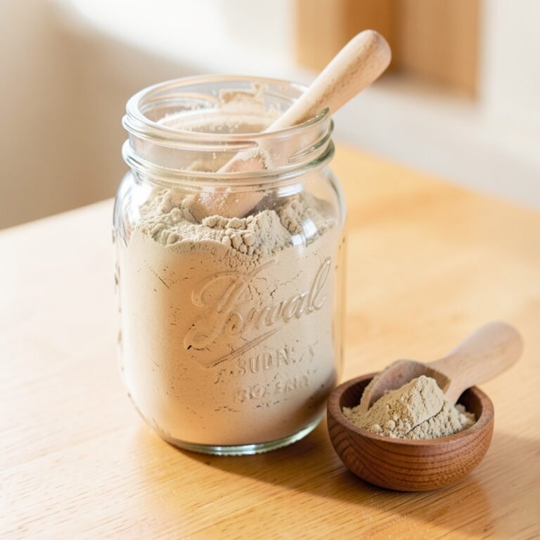 Homemade protein powder in a mason jar with wooden scoop