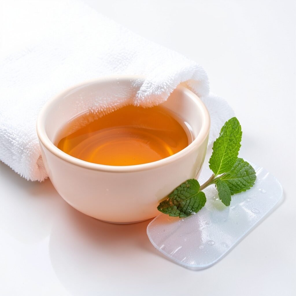Headache relief setup with warm water soak and cool mint compress