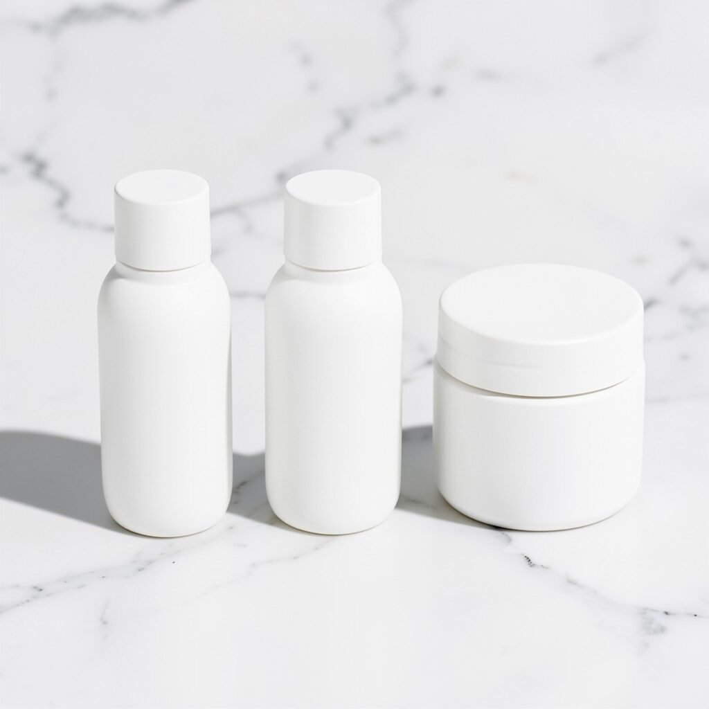 Plain unlabeled brightening skincare essentials on white marble - sunscreen, serum and moisturizer