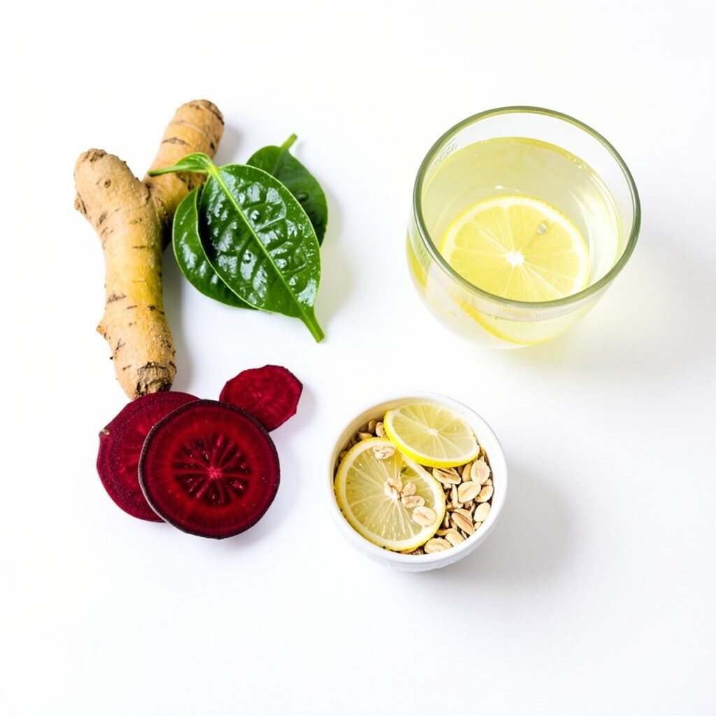 Full body cleanse flat lay with green tea, turmeric, beetroot and lemon water