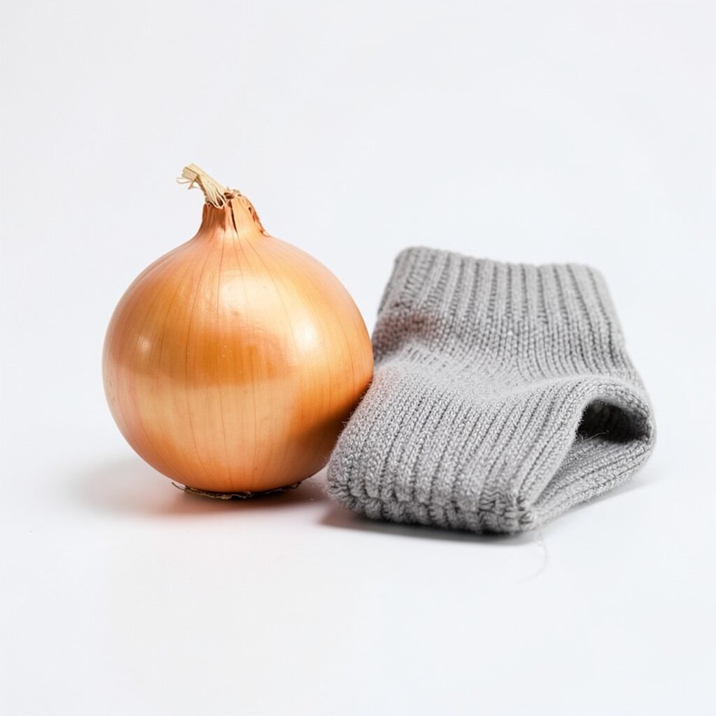 Onion in sock remedy flat lay