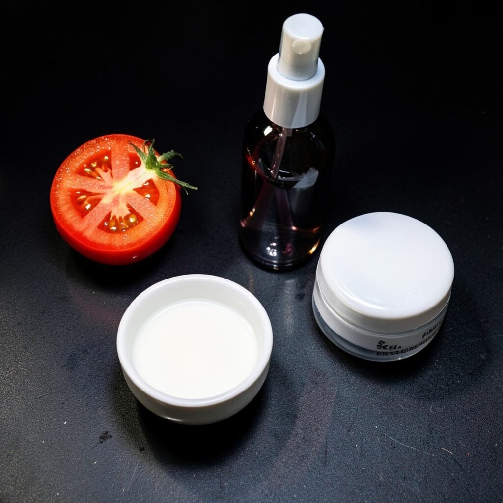 Nighttime brightening skincare: tomato, milk mask, rose water and night cream