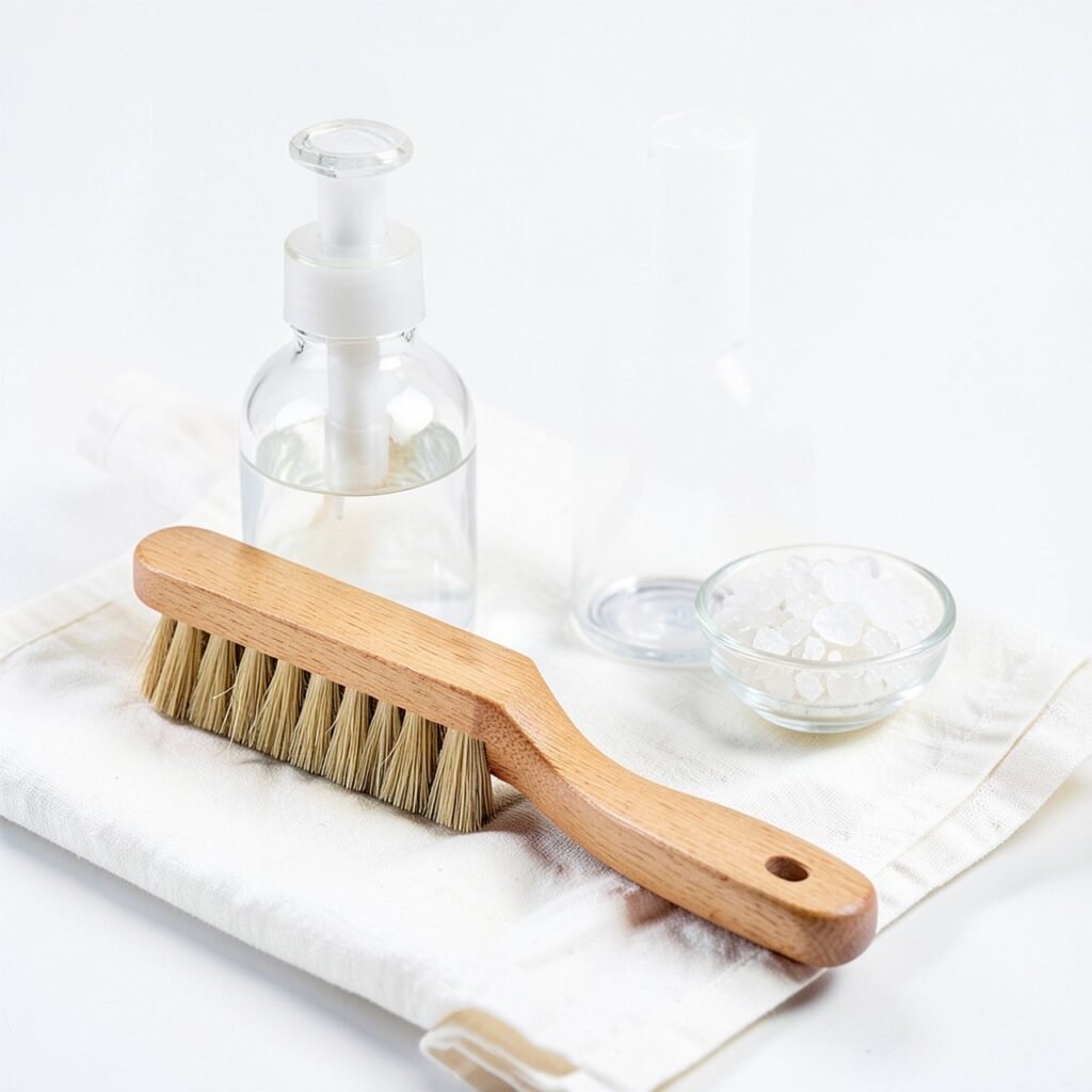 Wooden dry brushing tool, glass pump bottle and mineral crystals flat lay for lymphatic wellness routine