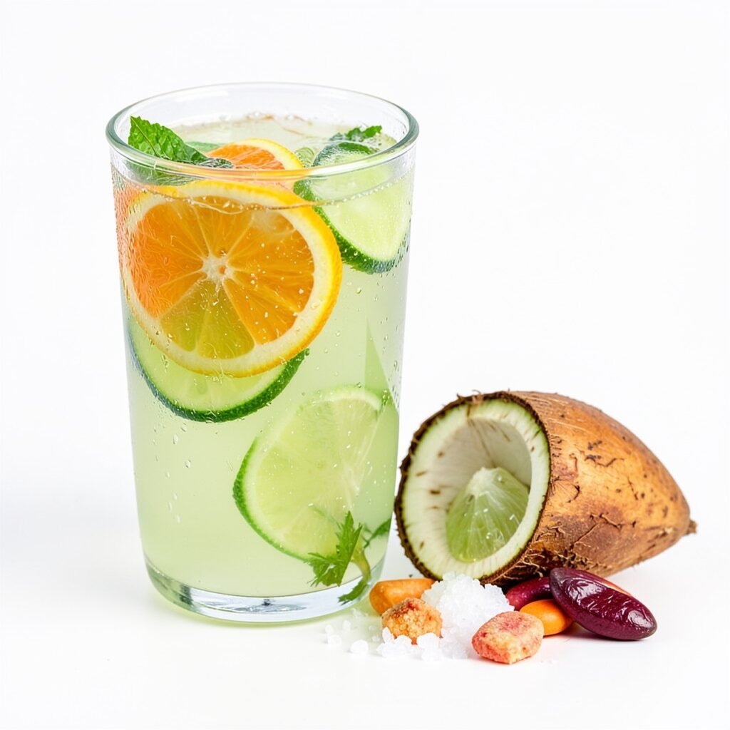 Homemade electrolyte drink with coconut water, orange, lime and mineral salt