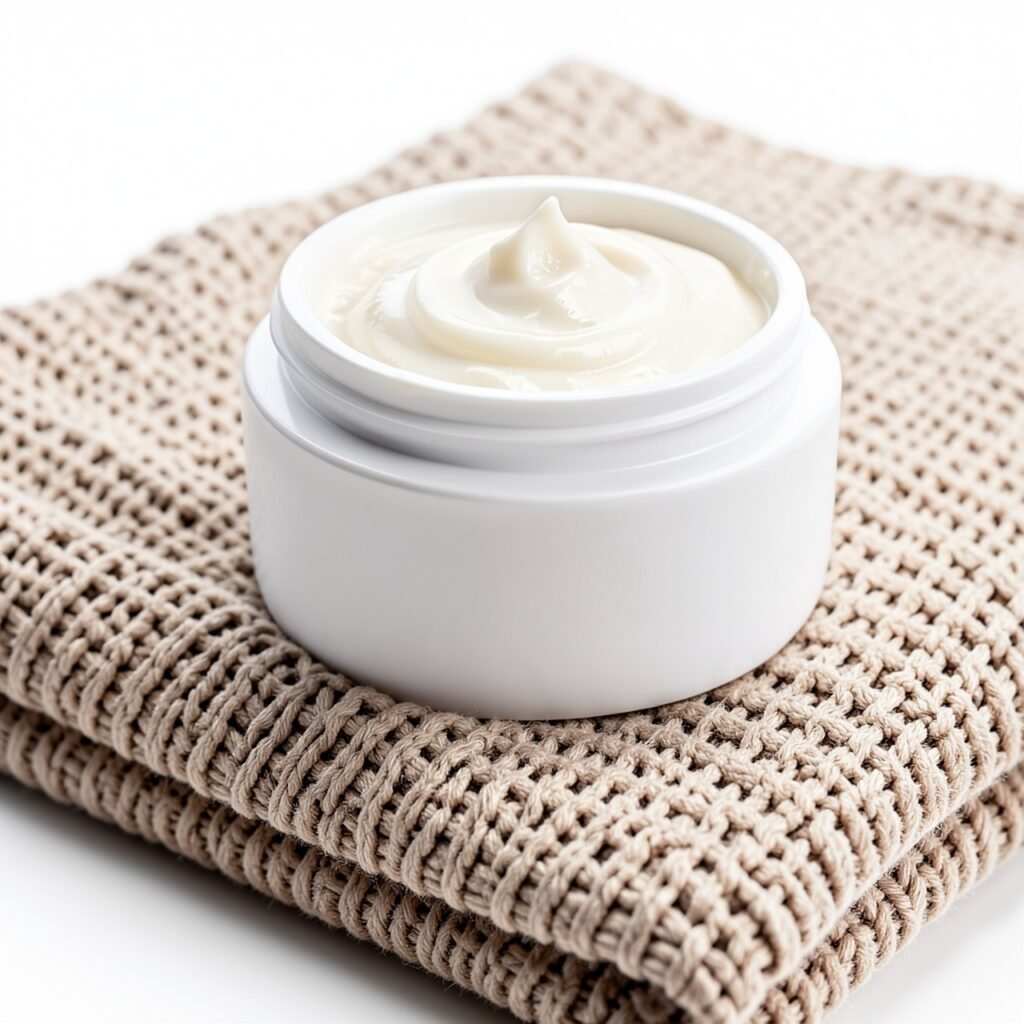 Rich winter moisturizer cream jar on a knit blanket, studio product shot