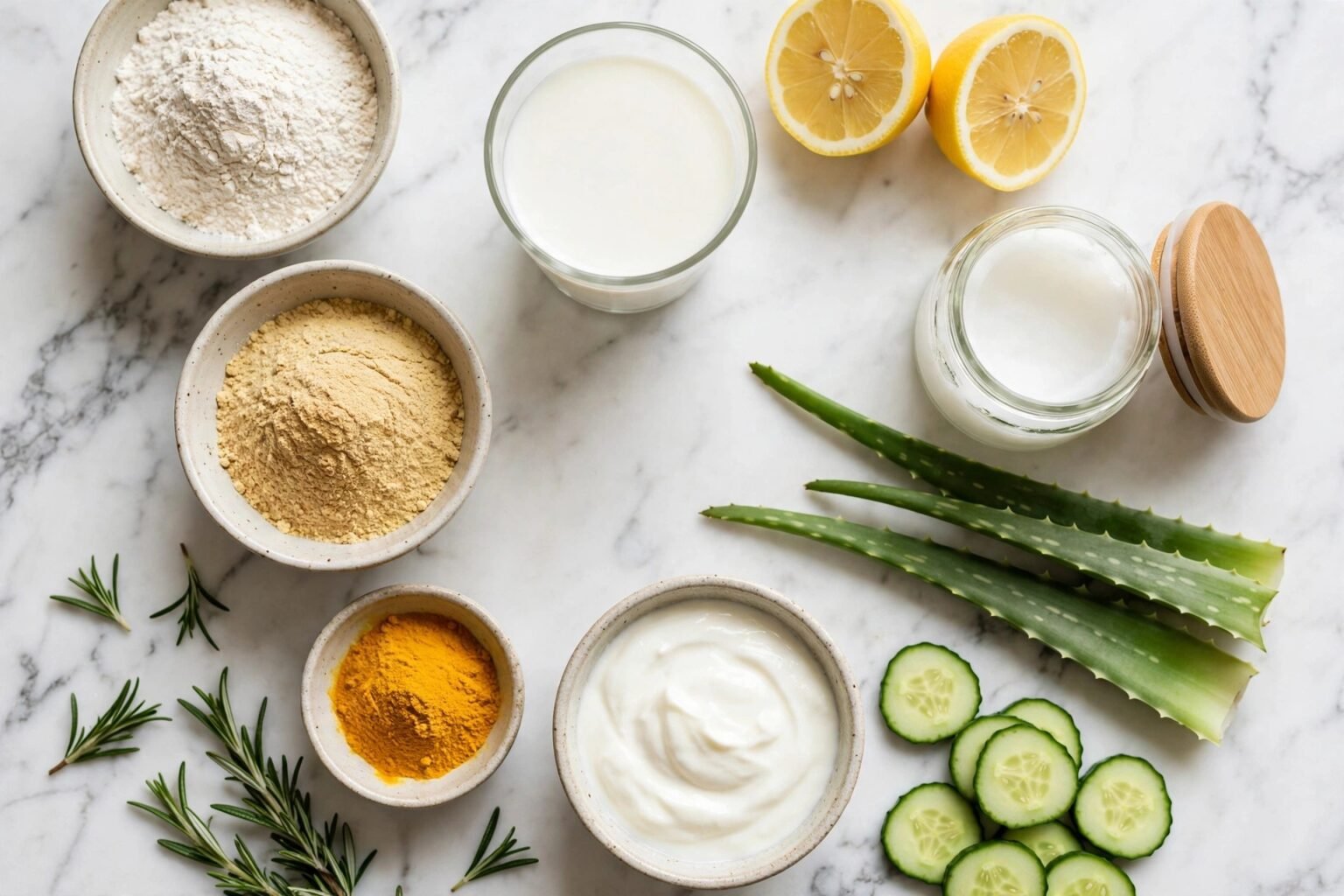 Natural DIY tan removal remedies ingredients flat lay with rice flour, milk, lemon, coconut oil, aloe vera, cucumber, yogurt, turmeric and rosemary